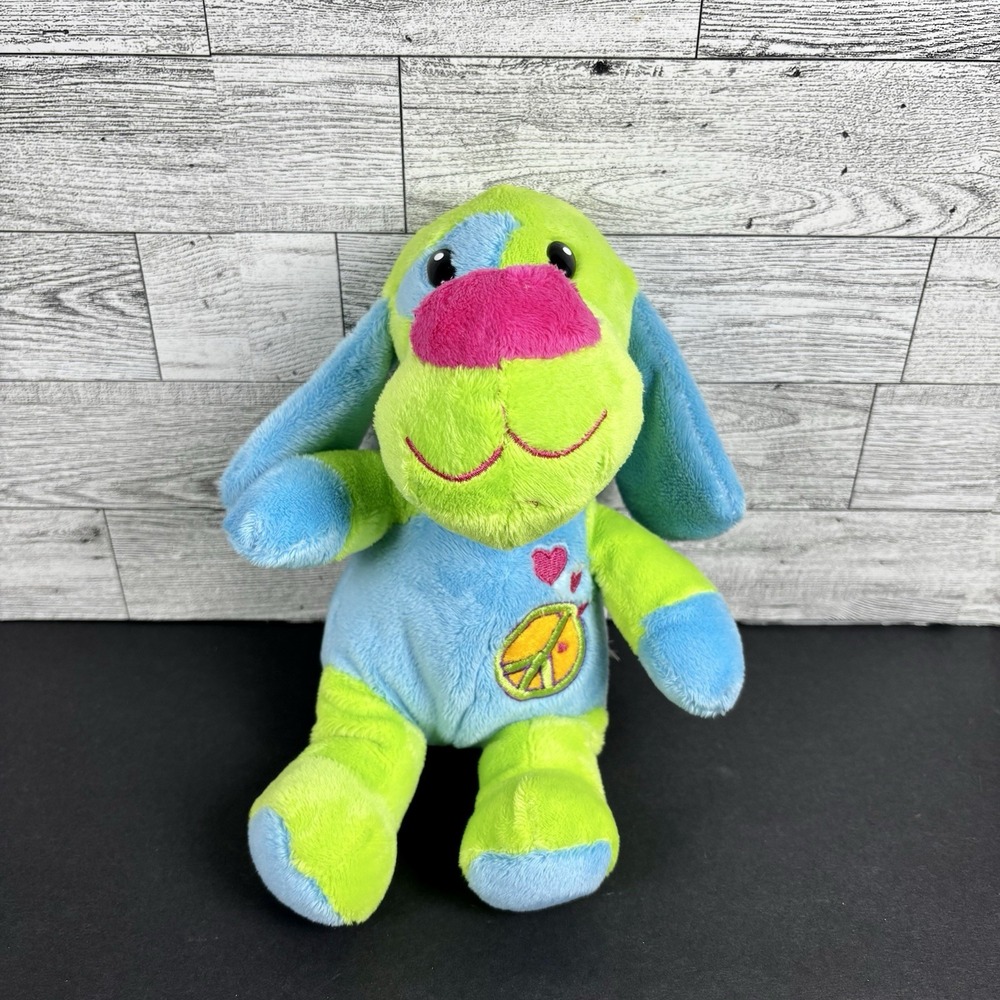 Dan Dee 2010 Puppy Dog GREEN Blue Peace Heart 10" Plush Stuffed‎ Animal